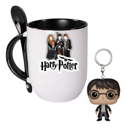 Taza Harry Potter Ron Hermione Hogwarts+llavero+cuchara Negro Harry Potter