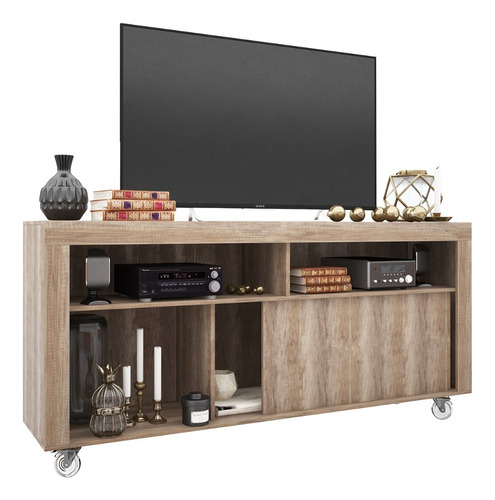 Mesa Rack Mueble Con Ruedas Para Tv Led 65 Estantes Delos Color Roble Nebraska Gris