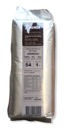 Cacao Amargo En Polvo Fénix Natural 54 14/16 %  X 1kgr