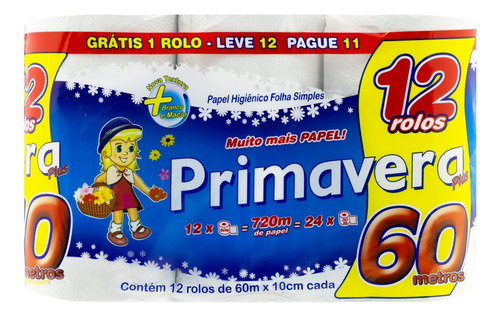 Papel higiênico Primavera Plus folha simples 60 m de 12 un