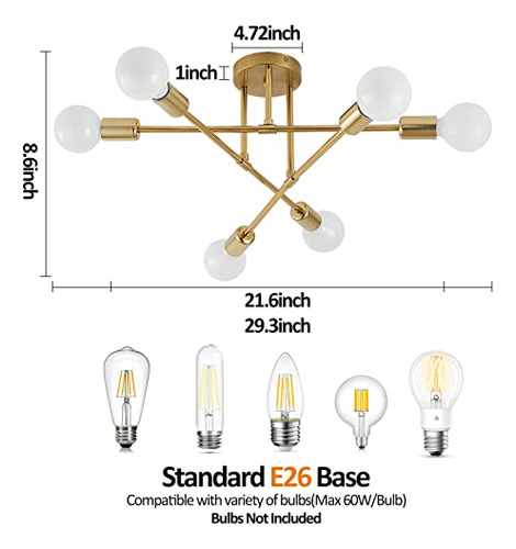Lámpara Techo Moderna 6 Luces, Base E26, Oro