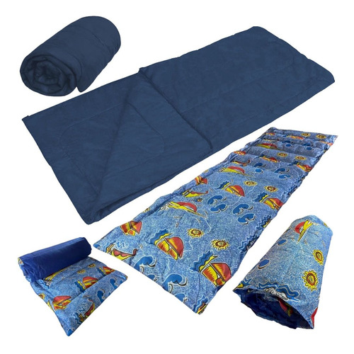 Saco De Dormir Camping + Colchonete Solteiro Estampado Azul