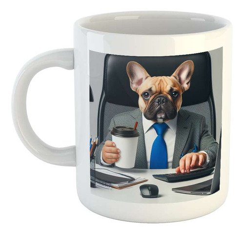Taza Ceramica Bulldog Frances En La Oficina Con Cafe