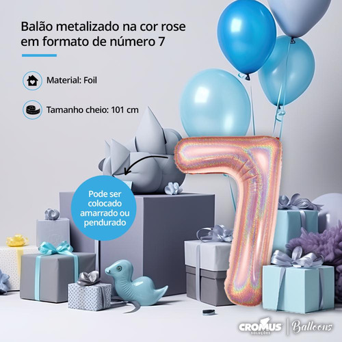 Balão Metalizado Para Festa Nº 7 Rosé Holográfico 101cm 1 Un