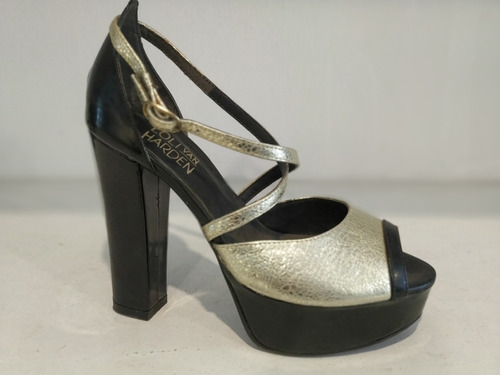 Stiletto Plataforma Taco Ancho Cuero Negro Y Plata 