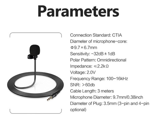 Mini Microfone Clip-on, 3,5 Mm, Cabo Para Streaming/gravação