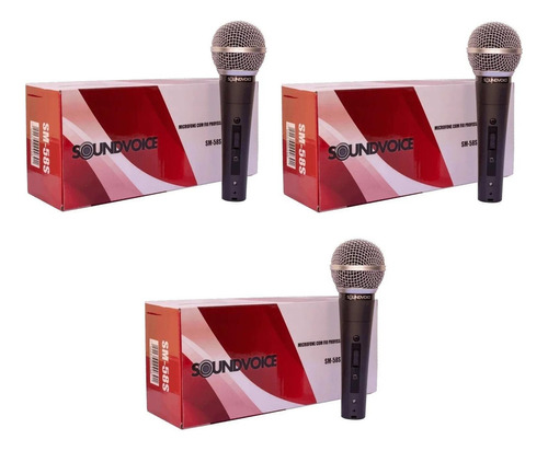 Kit 3 Microfone Sundvoice Sm58s Cardioide Dinâmico Com Fio