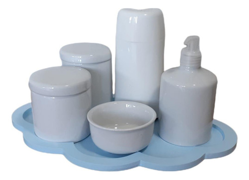 Kit Higiene Bebê Porcelana Bandeja Nuvem Azul 6 Peças