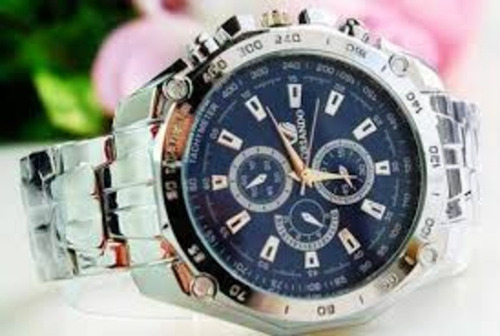 Relógio Quartz Masculino Aço Cromado Fundo Azul M/ Orlando