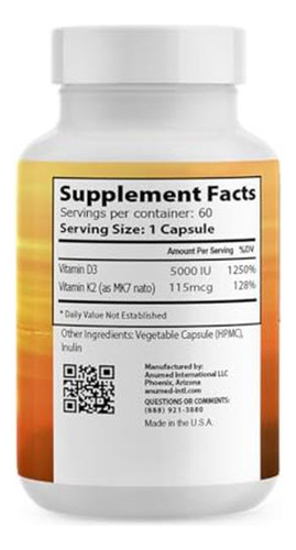 Anumed Vitamina D3 Alta Dosis 5000 Ui Con K2 60 Cápsulas