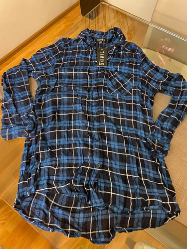 Camisa Larga Tipo Blusón Rayada, Azul Marino, Talla M, Nueva