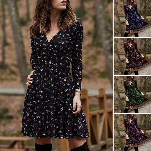 Mini Vestido Estampado Floral Con Cuello En V Profundo Y Dob