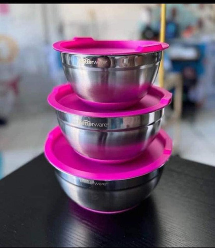 Set Tres Bowls Inox Pink Con Tapa Betterware