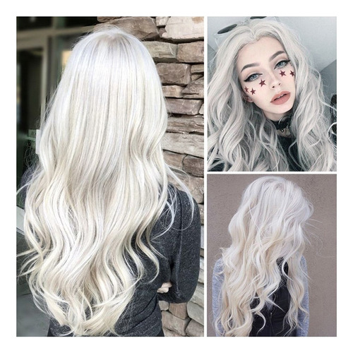 Peluca Blanca Natural Larga Y Rizada Para Mujer, Pelo Ondula