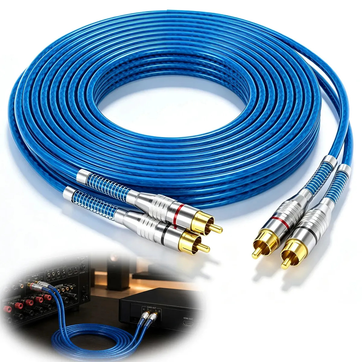 DOMOKO - Cable RCA Premium de 5 Metros con 4 Conectores Macho, Blindaje de Aluminio y Cobre 100% OFC, Interconexión para Auto, Moto y Hogar, Serie Rock RKS-RCA-5M