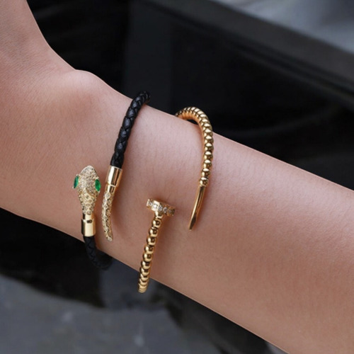 Pulsera Mujer Brazalete Serpiente Cuero Zirconia Caja Serata Negro 6 Cm 20 Cm