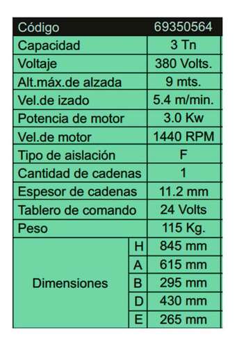 Imagen 2 de 6 de Aparejo Electrico Cadena Trifasico 3 Toneladas 9 Metros Fema