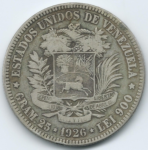 Moneda Fuerte De Plata 5 Bolívares De 1926