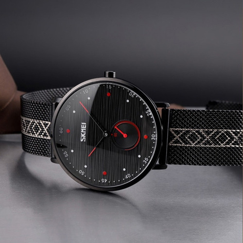 Reloj Acero Malla Inoxidable Cronometro Real Contra Agua Sk Correa Punteros Rojos