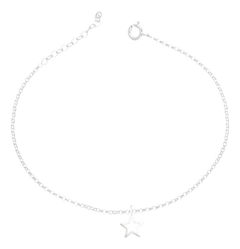 Tornozeleira Elo Português Pingente Estrela Prata 925 Comprimento 24 " Cor Prateado Diâmetro 24 cm