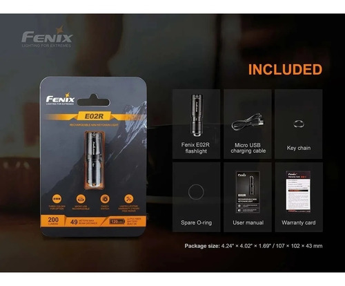 Linterna Led Fenix E02r 200 Lumens Recargable Llavero 49mts