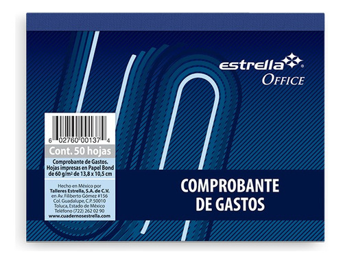 Comprobante De Gastos ¼ Carta Estrella Talonario 50 Hojas