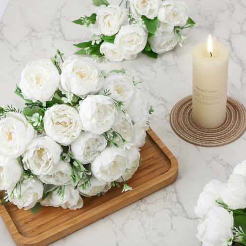 Ramo De 8 Peonías Blancas Artificiales, Flores De Seda Fals