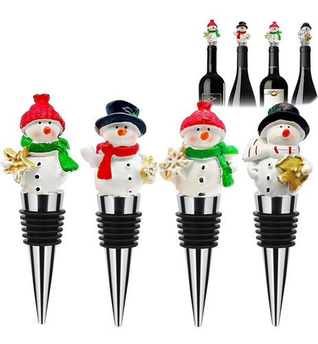 4 Tapon Para Botella Vino Navidad Papa Noel Muñeco Nieve Set