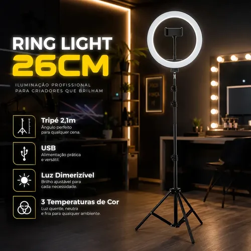 Ring Light Led Profissional Com Tripe 210m Estrutura Preta Luz Quentefrioneutro