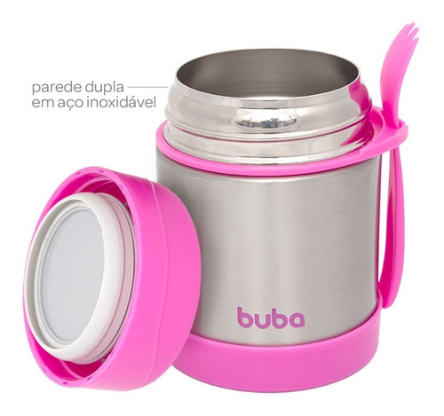 Pote Térmico Inox Parede Dupla Com Talher Buba Rosa 360ml