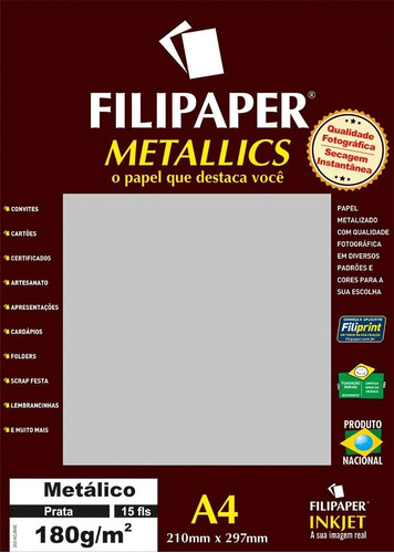 Papel Prata Metálico A4 210x297mm 180g/m² Filipaper 15fls