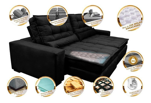 Sofá Retrátil e Reclinável com Molas Ensacadas Cama inBox Gold 2,32m Tecido Suede Velusoft Preto