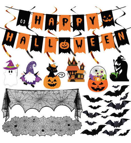 Kit Decoracion Para Halloween Banner Figuras 3d Mantel 27pz