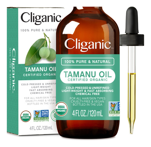 Aceite Cliganic Organic Tamanu, 120 Ml, 100% Puro, Para Unis