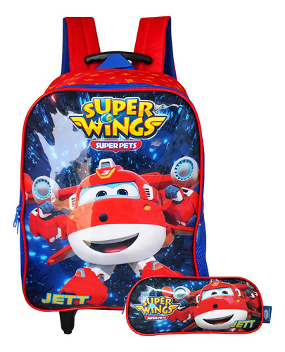 Mochila Escolar De Rodinhas Com Estojo Infantil Super Wings Cor Vermelho