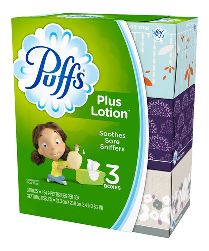 Puffs Plus Lotion Facial Tissues, 3 Family Boxes, 124 Tissue