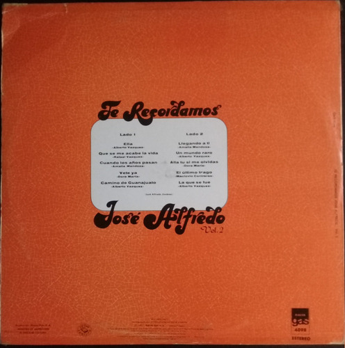 Te Recordamos Jose Alfredo Vol. 2 Varios Artistas Vinil Lp (Usado)