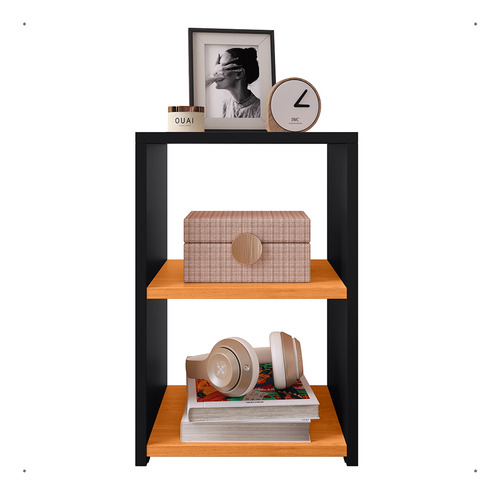 Kit 2 Criado-mudos Slim/compacta Com Prateleira Retrô Nicho Acabamento Brilhante Cor Bella Preto Cinamomo