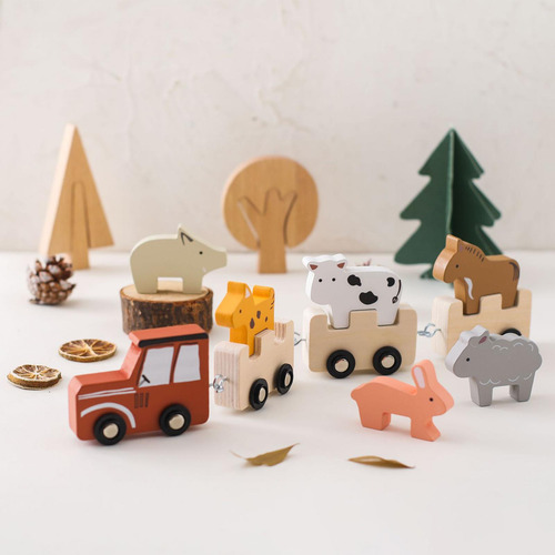 Juego De Tren De Animales De Madera, Bloques Apilables De