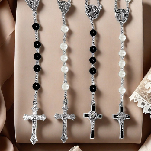 Rosario Católico Cuentas Hematita Piedra Collar Joyas Blanco 1