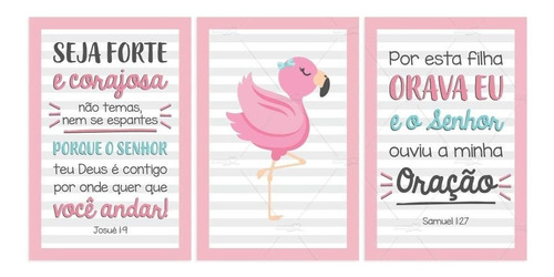 Flamingo Salmos Seja Forte Placas Infantil Quarto Menina  