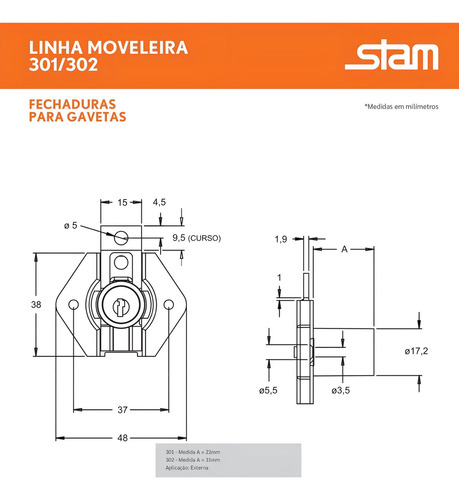 Fechadura Stam 301 Inox 22mm Stam 5 Pcs Para Móveis Gavetas Armários