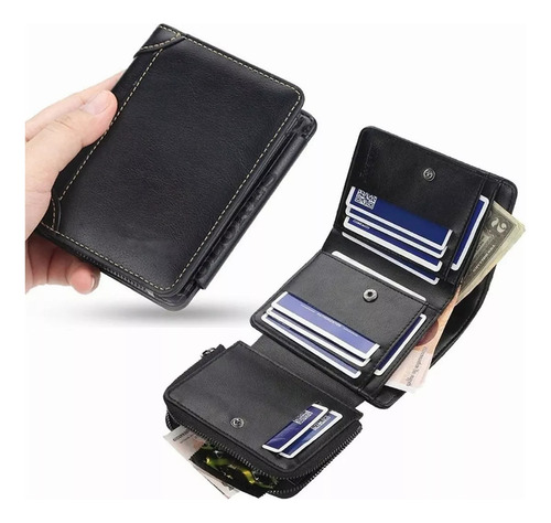 Cartera Tarjetas Billetera Lujo Cuero Hombre Cartera Trifold Color Negro