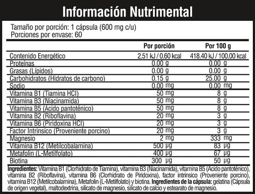 Vitaminas Musclefit Complejo B 60 Capsulas Energia Sabor Sin sabor