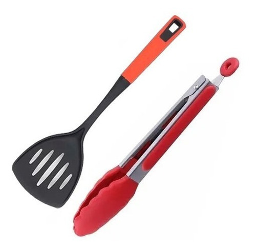 Set X2 Utensillos De Cocina Espatula Nylon Pinza Acero 32cm