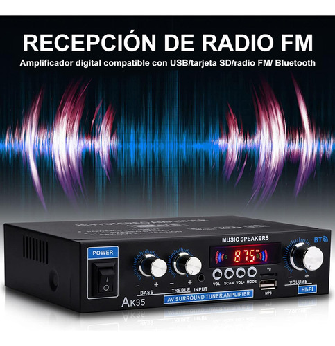Amplificador De Audio Estereo Bluetooth Mini Automoción/hogar 2 Canales Aux/fm/mp3/rca/usb Alta Potencia Alto Rendimiento Calidad De Sonido Hifi Menor Ruido Con Mando A Distancia