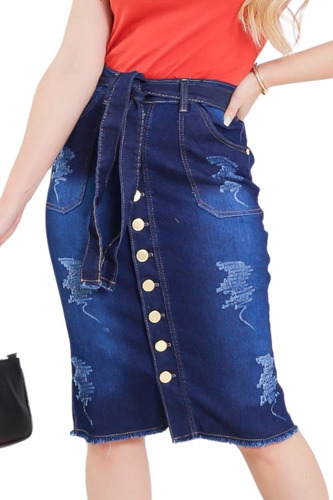 Imagem 1 de 7 de Saia Jeans Evangélica Midi C/ Recortes E Botões - Sg4001