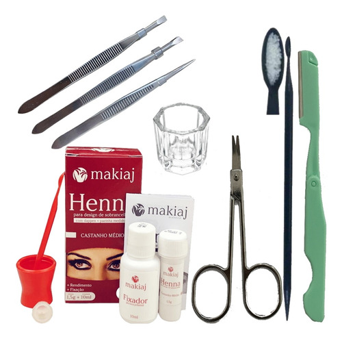 Kit Sobrancelha Henna Makiaj Com Fixador+acessorios Completo Cor Castanho Médio