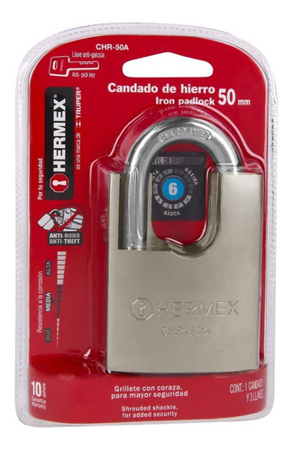 Candado De Hierro Con Coraza, 50mm, Llave Abloy 43313 Hermex