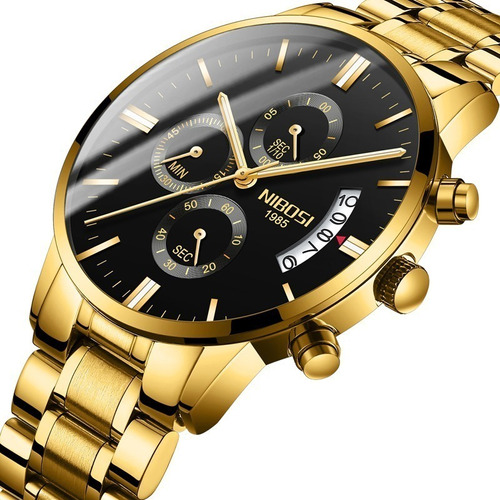 Relógio Nibosi Masculino Dourado De Aço Inoxidável